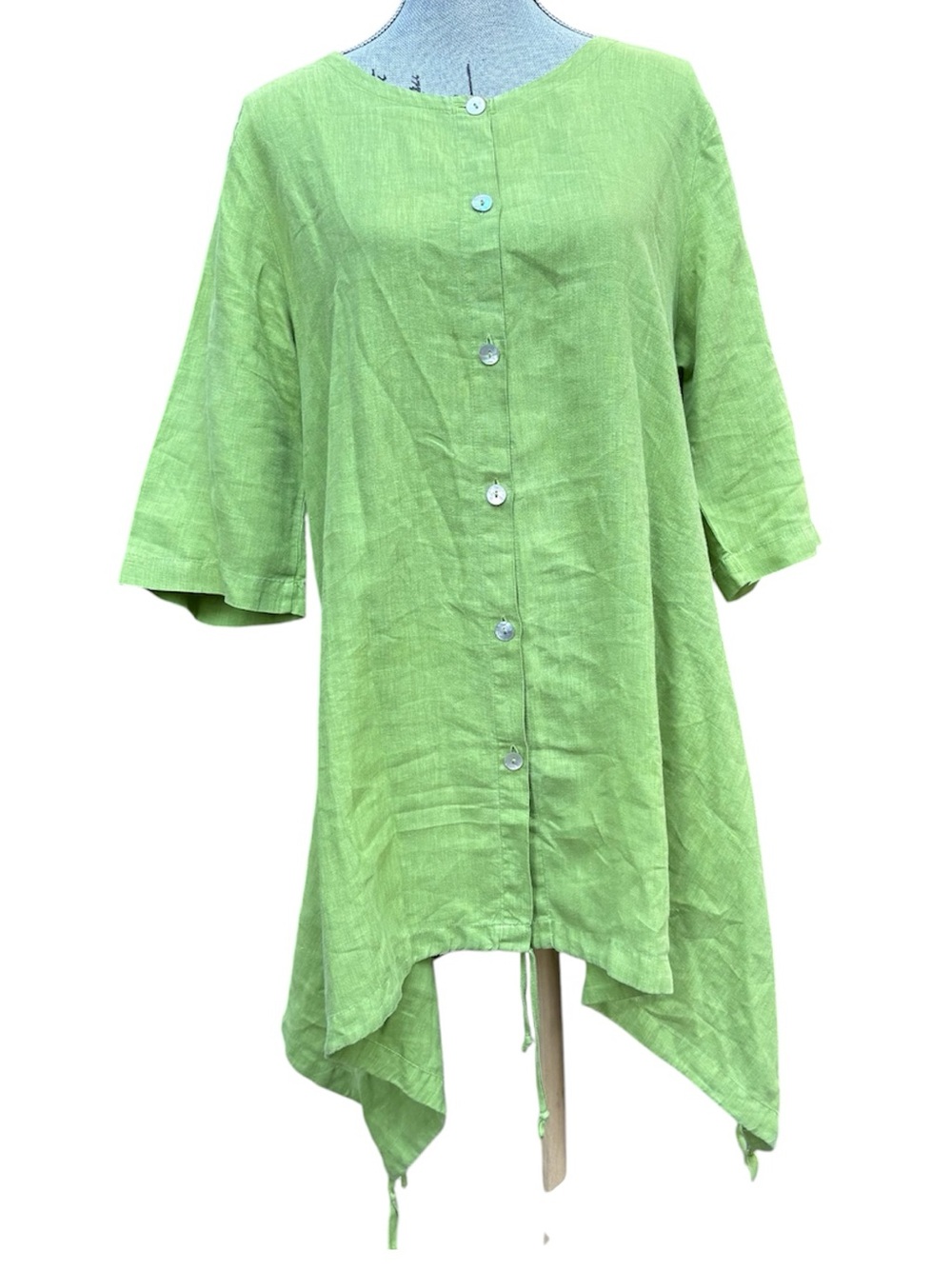 Bryn Walker Linen Green Button-Front Asymmetrical Tunic Top